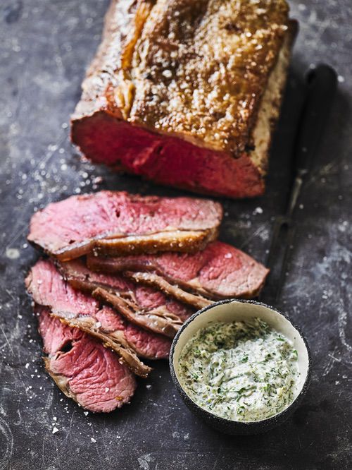 Spit roast sirloin with green Thursday inspired sauce